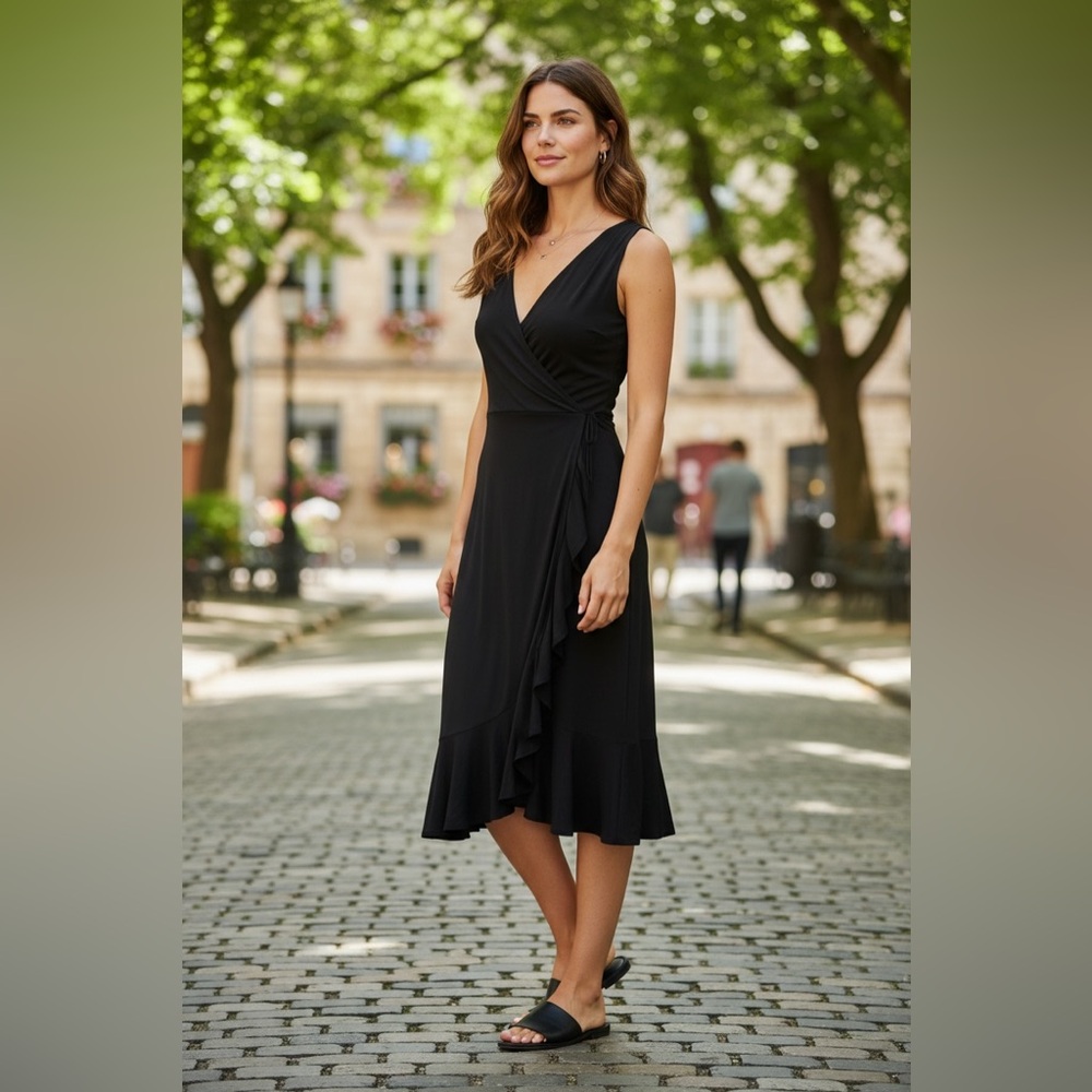 Lizzatti Black Sleeveless Wrap Midi Dress Size 10 Ruffle Hem Little Black Dress‎